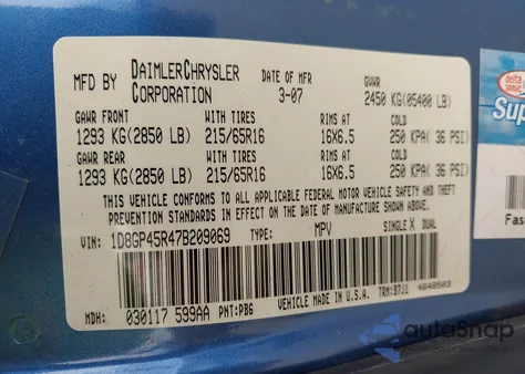 2007 Dodge Caravan Sxt from USA, damaged, VIN 1D8GP45R47B209069